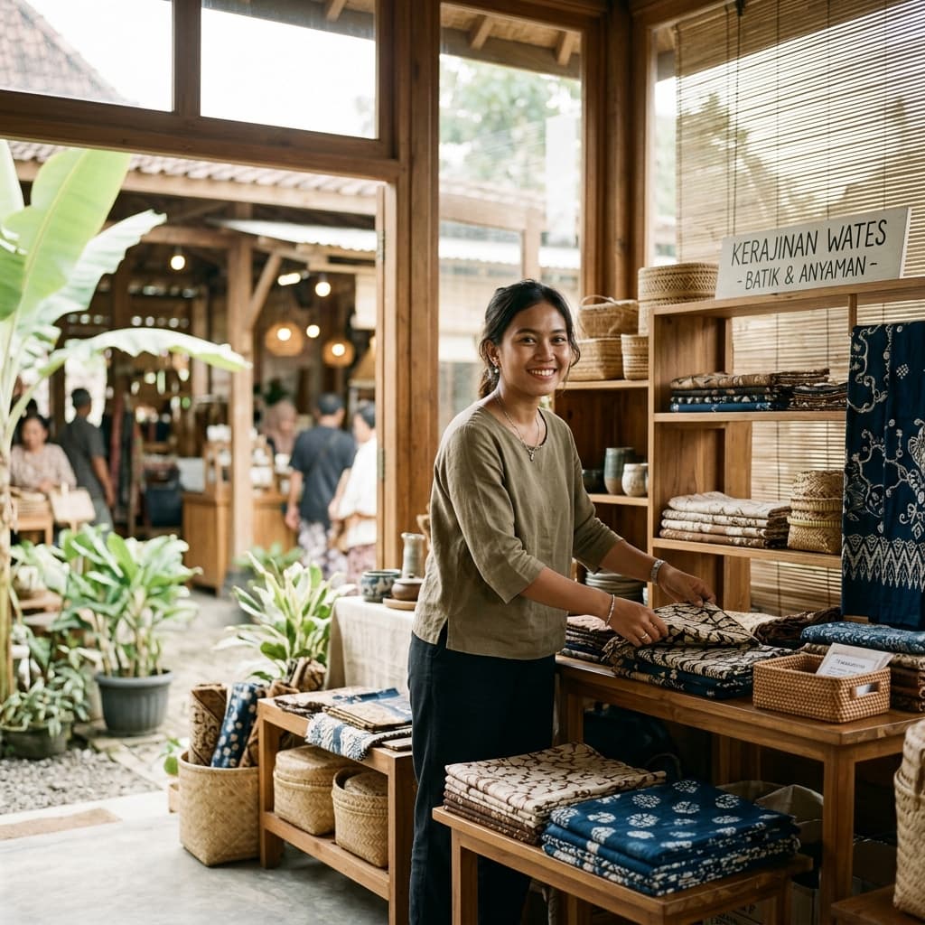 Pelaku UMKM lokal Wates menata kain batik dan kerajinan